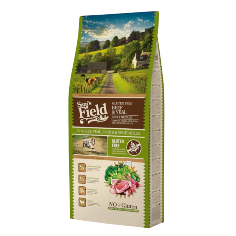 SAM'S FIELD ADULT MEDIUM BEEF & VEAL СO 70% ГОВЕДСКО И ТЕЛЕШКО МЕСО, ОВОШЈЕ И ЗЕЛЕНЧУК, БЕЗ ГЛУТЕН