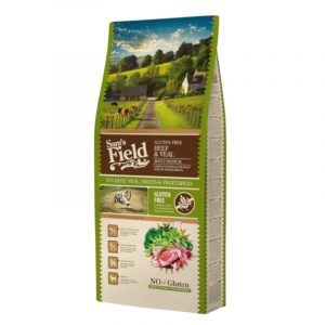 SAM'S FIELD ADULT MEDIUM BEEF & VEAL СO 70% ГОВЕДСКО И ТЕЛЕШКО МЕСО, ОВОШЈЕ И ЗЕЛЕНЧУК, БЕЗ ГЛУТЕН